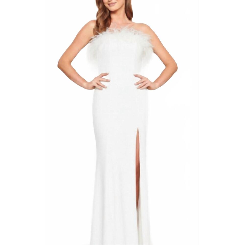 NEW FAVIANA feather trim dress with leg slit in ivory